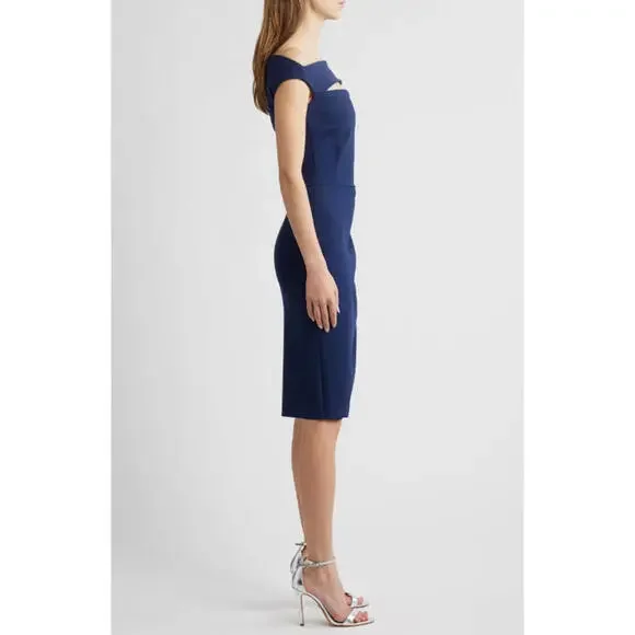 NEW, Chiara Boni Melania Short Off-The-Shoulder Dress Blue Notte SZ 48 #MD0136